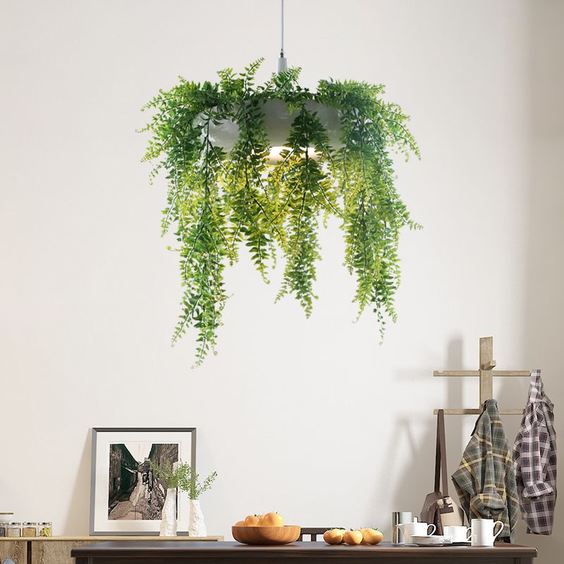 Donut Metal Pendant Lighting Loft Style 1-Bulb Balcony Hanging Ceiling Light in Black/White with Artificial Vine Deco