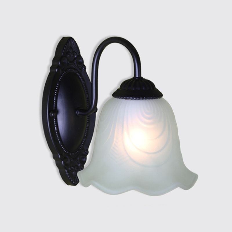 Single-Bulb Wall Light Vintage Bell Frost Glass Wall Light Fixture in Black for Corridor