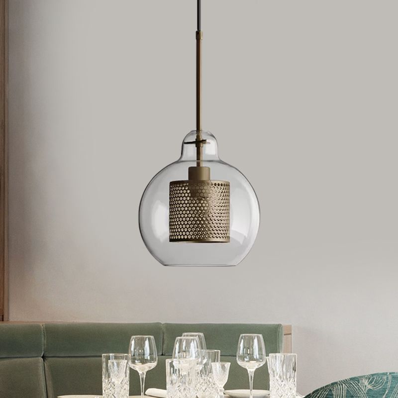 Colonialisme pendentif en verre transparent 1 Restaurant de tête Éclairage vers le bas en bronze / gris argenté avec maillage en métal de cylindre, 10 "/ 12" W