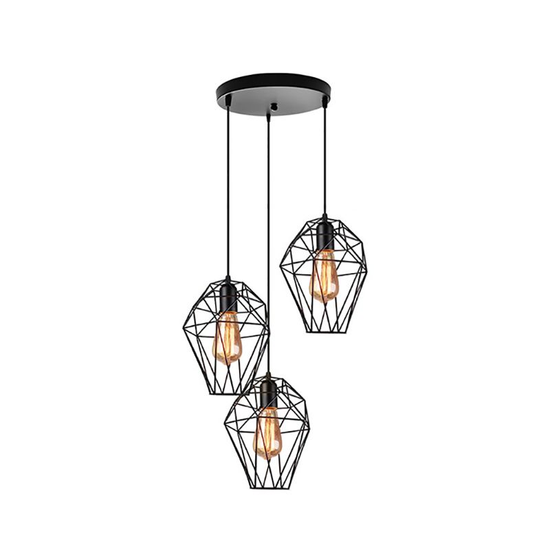 Metallic Black Suspended Light Geometric 3 Bulbs Vintage Ceiling Pendant Lamp with Cage Shade and Round/Linear Canopy