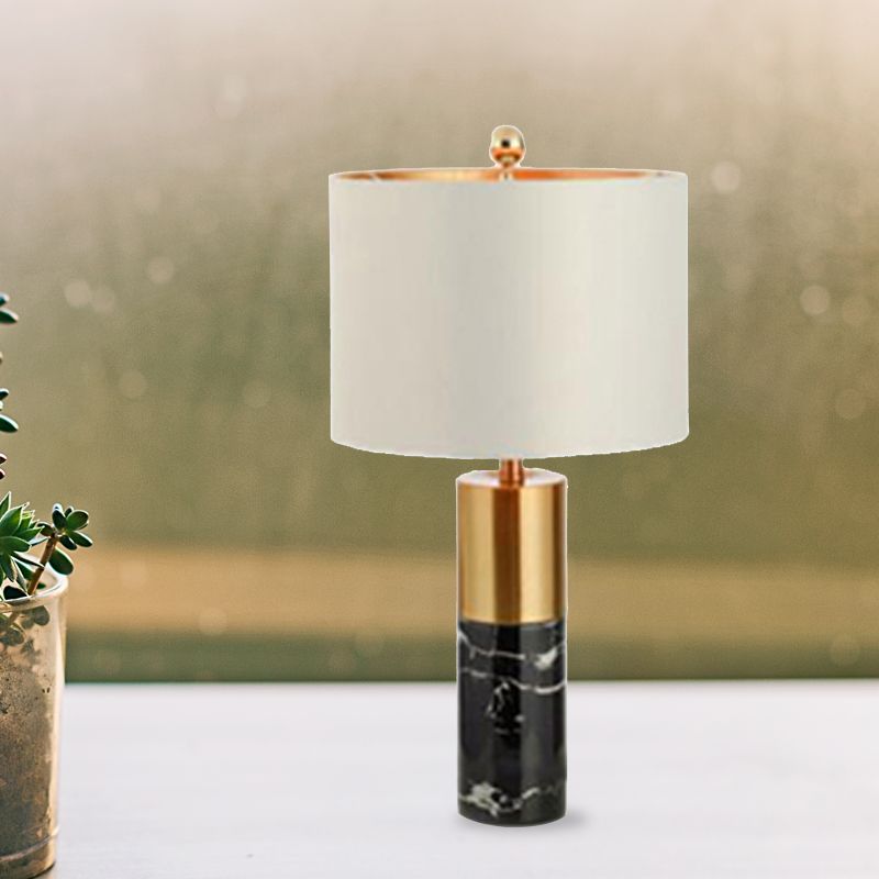 Lámpara de mesa con pantalla de tambor de metal, base de mármol, estilo moderno, 1 luz, iluminación de mesa blanca para dormitorio
