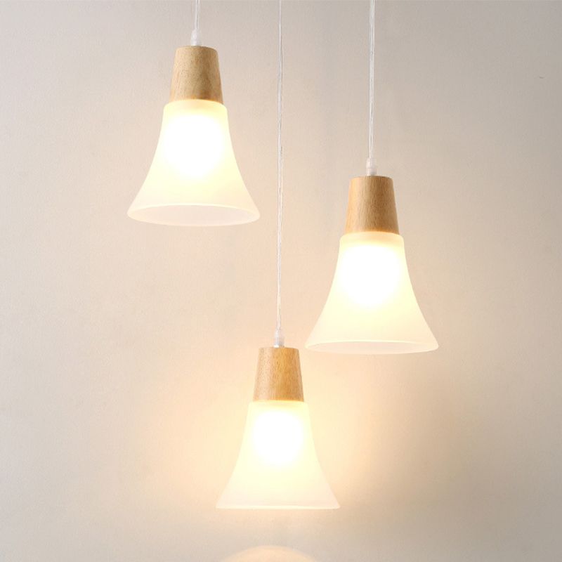 Bell/Bowl/Barrel Ceiling Hang Lamp Nordic Ivory Glass 3-Head Dining Room Round/Linear-Canopy Cluster Pendant in Wood