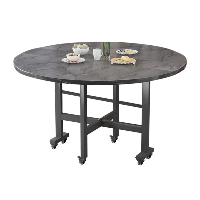 Modern Foldable Dining Table Round Grey Wood Tabletop with Metal Trestle Base
