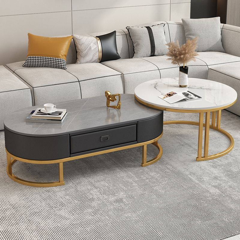 Glam Nesting Coffee Table Set Frame Round Slate Coffee Table with Drawer