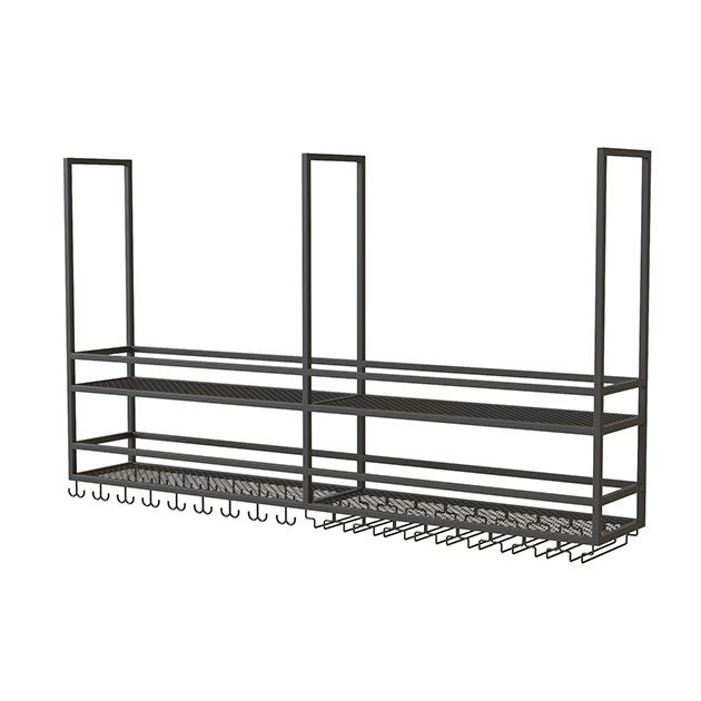 Metal Hanging Wine Glass Rack Modern Black Wine Holder with Shelves