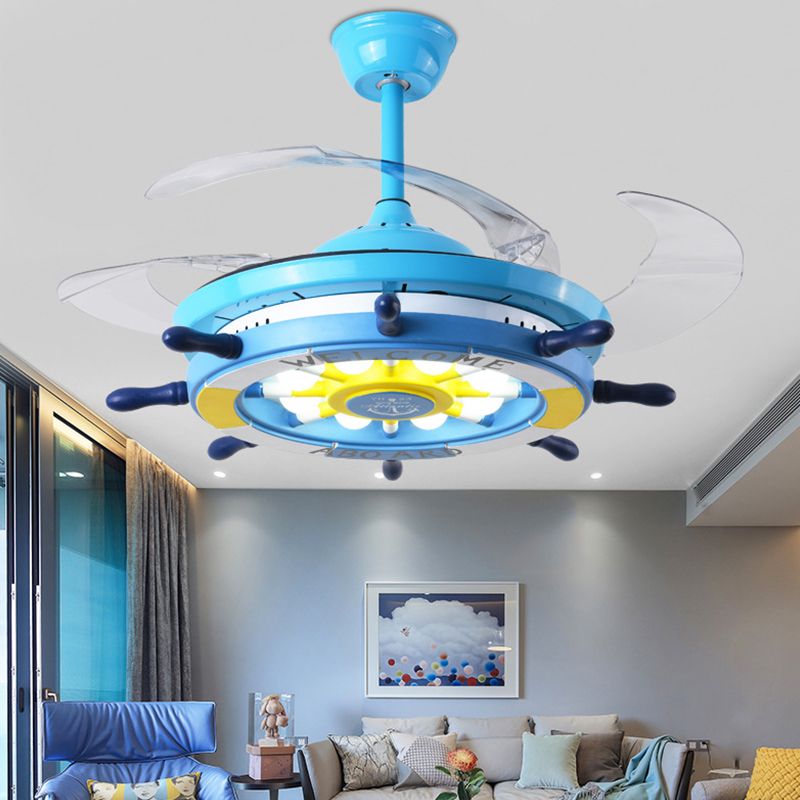 Rudder Bedroom Semi Flush Mounted Light Kids Acrylic Pink/Blue/White LED Hanging Ceiling Fan Lamp with 4 Clear Blades, 42" W