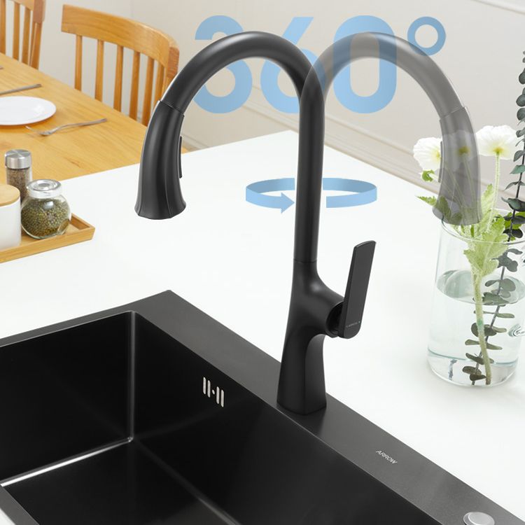 Contemporary Kitchen Faucet Gooseneck Swivel Spout with Pull Out Sprayer