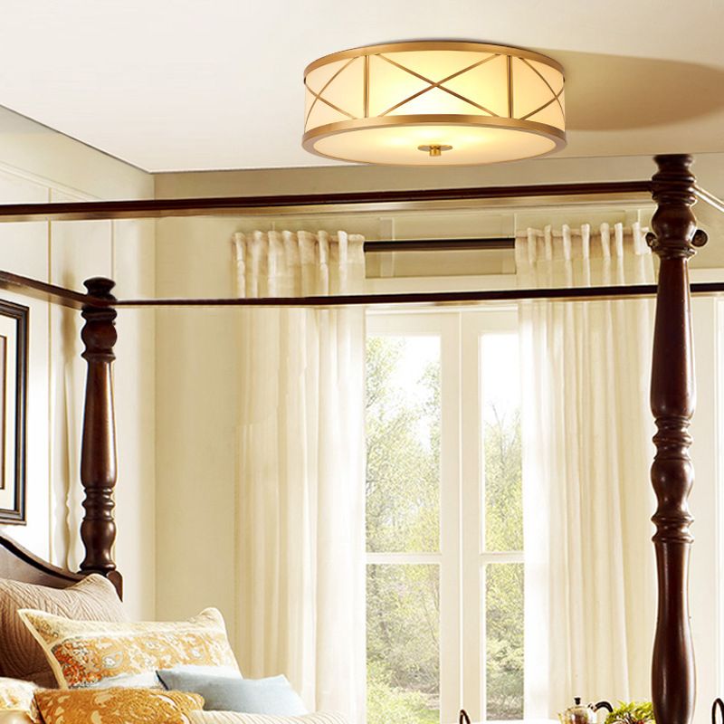 Brass Drum Flush Mount Light Traditional Style Glass Ceiling Light for Bedroom Living Room