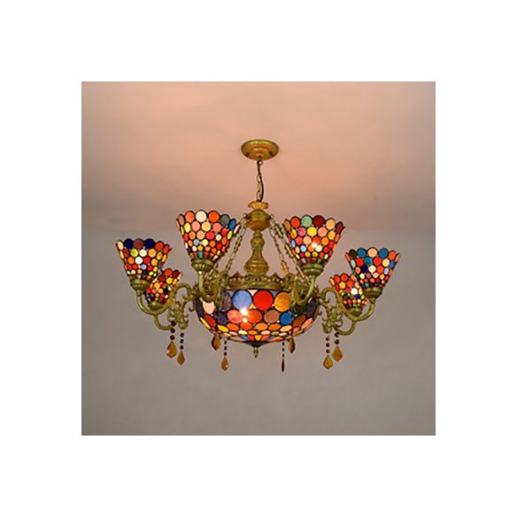 Stained Glass Cone Chandelier Light Rustic 11 Lights Inverted Chandelier with Colorful Circle Pattern