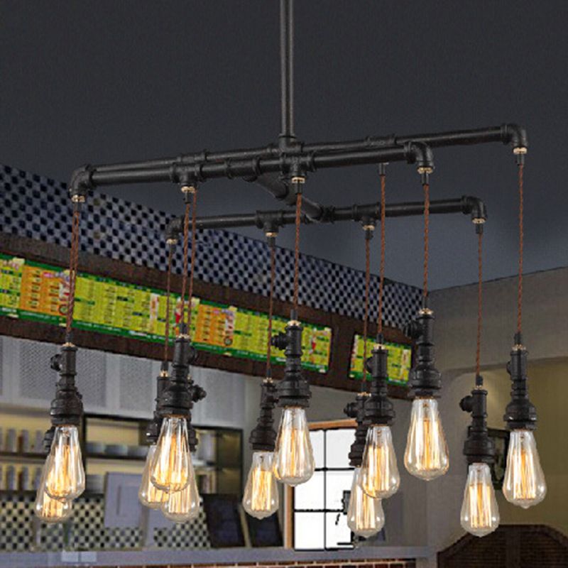 Industrial Plumbing Pipe LED Hanging Lamp Iron Island Chandelier Light in Black for Restaurant