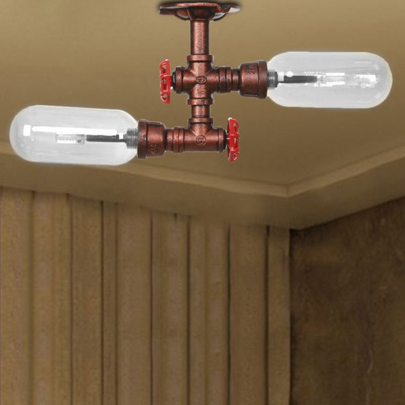 Capsule Shade Living Room Semi Flush Light Vintage Clear Glass 2 - Light Weathered Copper Soffitto Illuminazione con Pipe Design