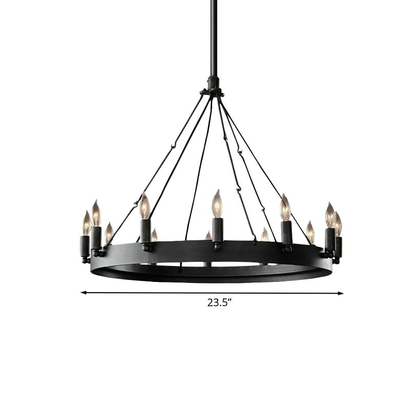 Candle Iron Suspension Lamp Countryside 12-Head Coffee Shop Wagon Wheel Chandelier Lighting in Black