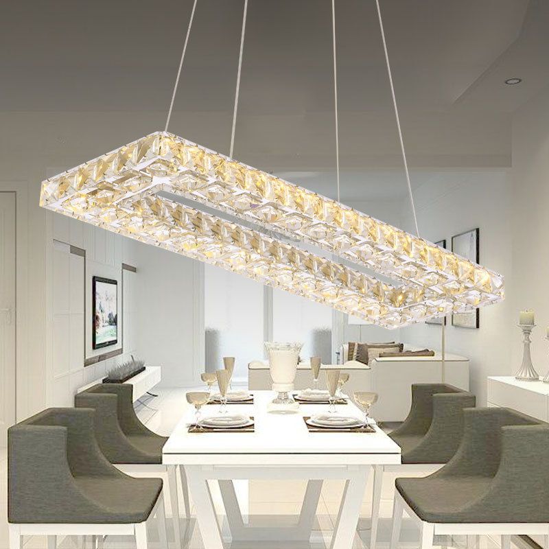 Modern Rectangle Pendant Chandelier Faceted Crystal Panels Hanging Lights for Restaurant