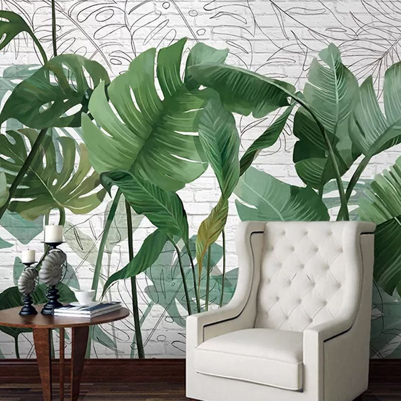 Enormous Banana Leaves Wall Art in Green Non-Woven Fabric Wall Mural Decal for Accent Wall, Custom-Made