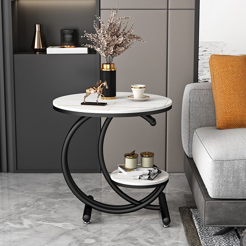 Modern Metal Black/Gold C Side Table Slate Round End Table with Storage