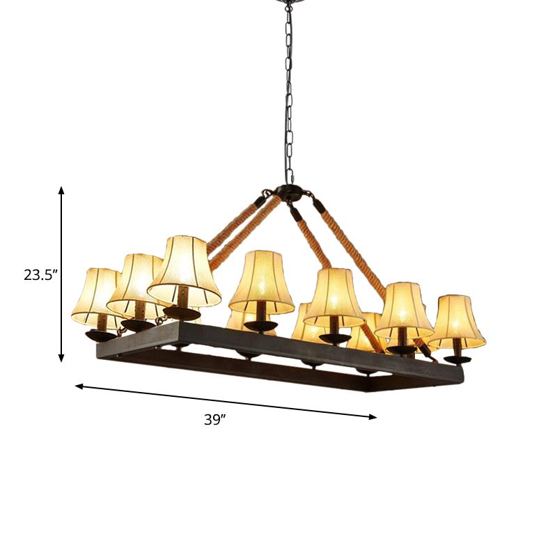 12 Lights Fabric Island Lamp Loft Style Black Conical Restaurant Rope Pendant with Iron Rectangle Frame