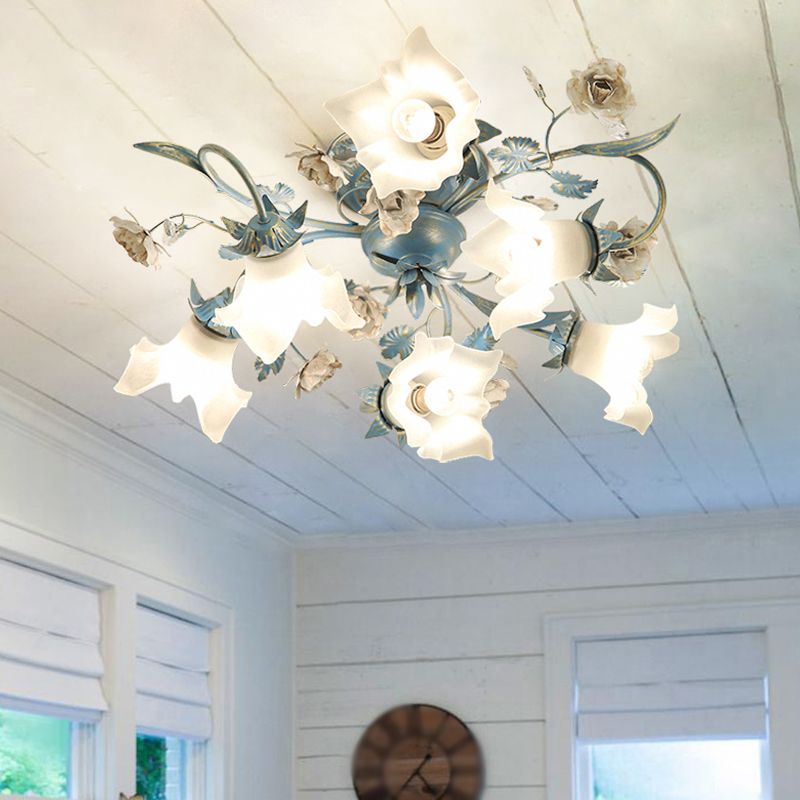 Flower Cream Glass Flush Mount Light Pastoral Style Bedroom Semi Flush Ceiling Light in Blue