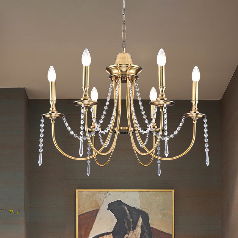 6 Heads Crystal Strand Hanging Light Postmodern Gold Candle Bedroom Chandelier Lamp