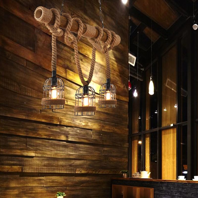 Hemp Rope Pendant Lamp Industrial Style Beige Linear Restaurant over Island Lighting
