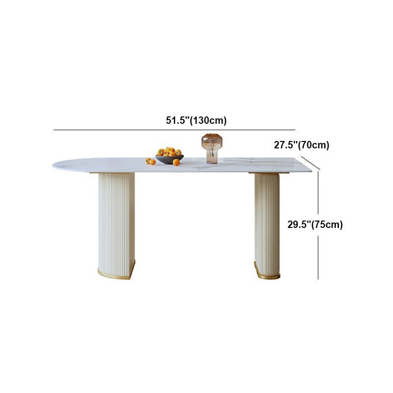 Metal Contemporary White Dining Table Marble Top Table with Double Pedestal