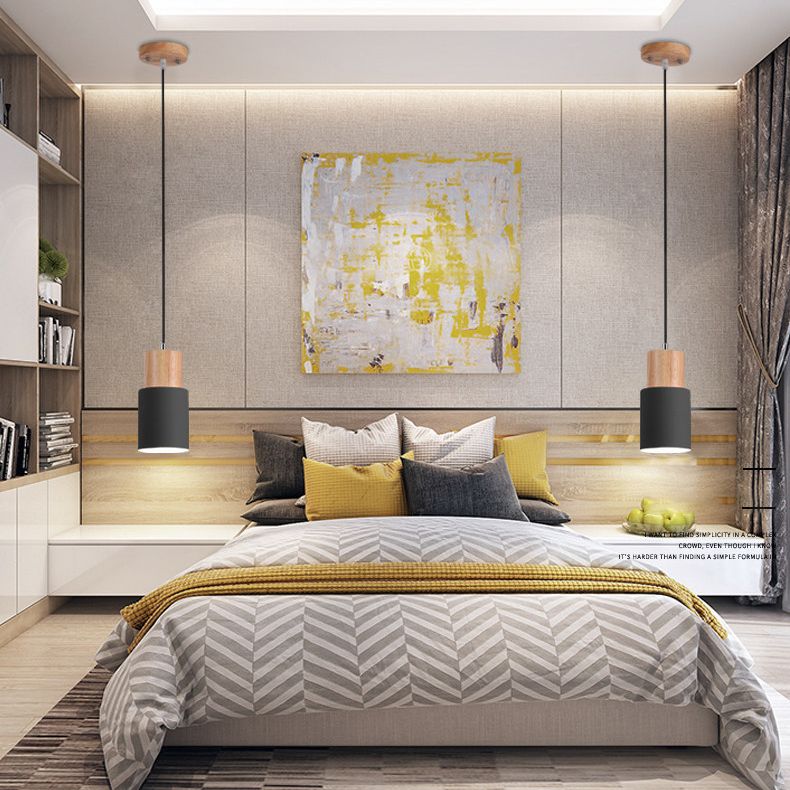 Modern Concise Single Pendant Light Wooden Cylindroid Macaron Hanging Lamp with Wrought Iron Shade