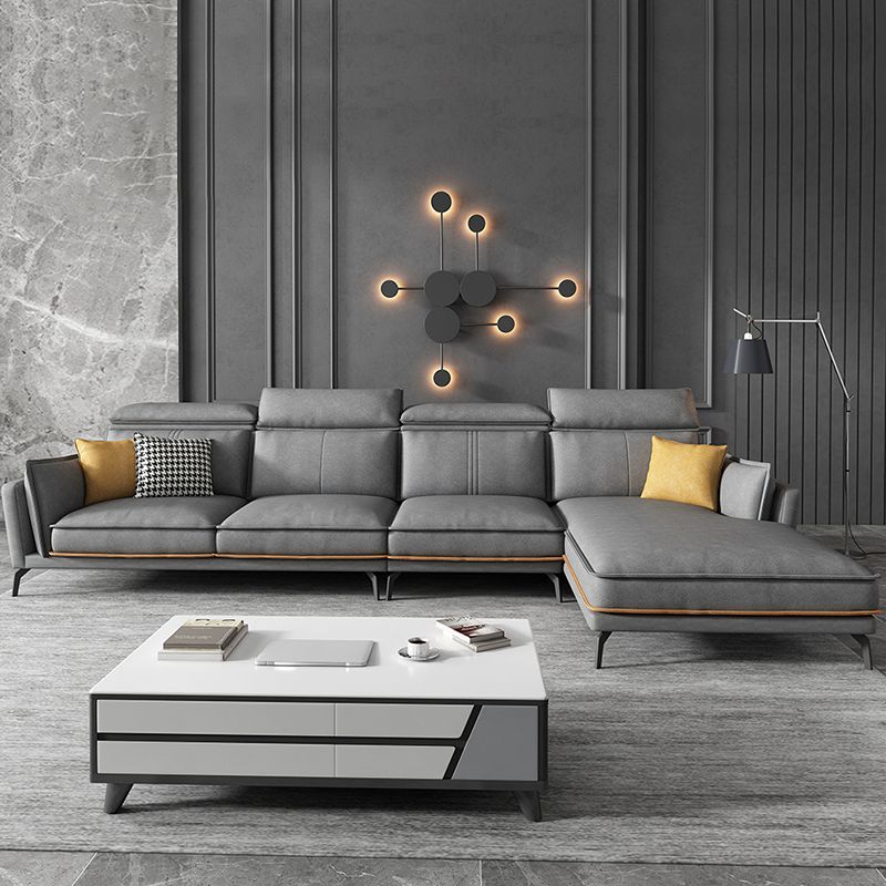 Modern Square Arm Cushion Back Sectional Faux Leather Sofa and Chaise in Dark Gray