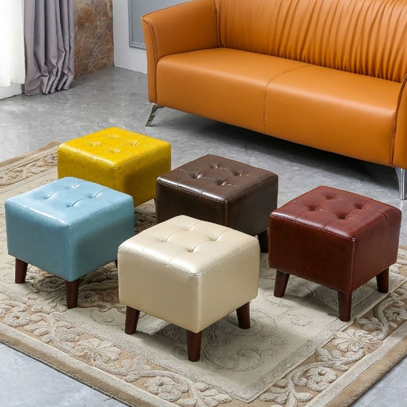 Pure Color Square Standard Modern Wine Red Leather Ottoman for Living Room