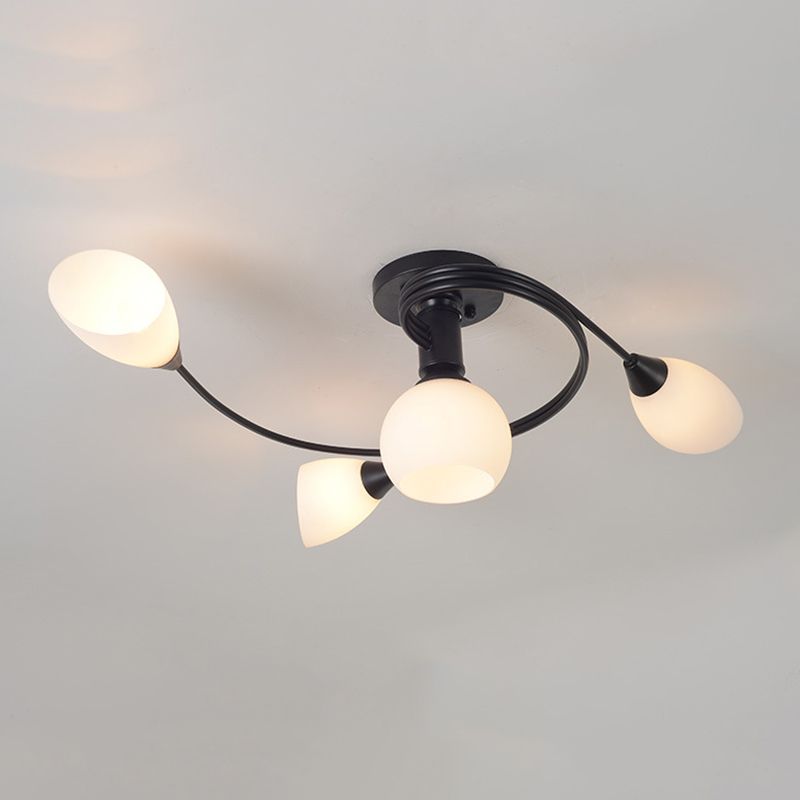 Black Radial Semi Flush Mount in Traditional Retro Style Wrought Iron Ceiling Light with Glass Shade