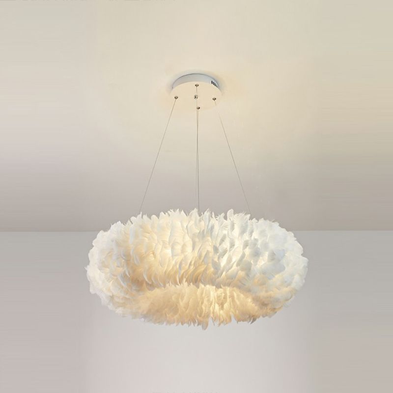 Simplicity Round Chandelier Pendant Light Feather Girls Bedroom Hanging Light in White