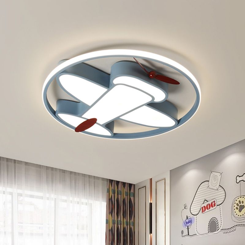 LED Kids Bedroom Flush Light Cartoon Blue Finish Flush Mount Fixture with Aircraft Acrylic Shade