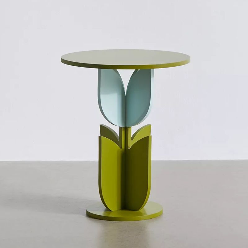 Scandinavian Wood/Glass Top End Table Dia 15.75" Tulip Shape Side Table in Green