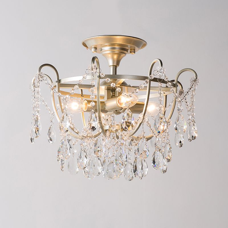 Gold Raindrop Semi Flush Light Traditional Crystal 4 Bulbs Drawing Room Ceiling Fixture
