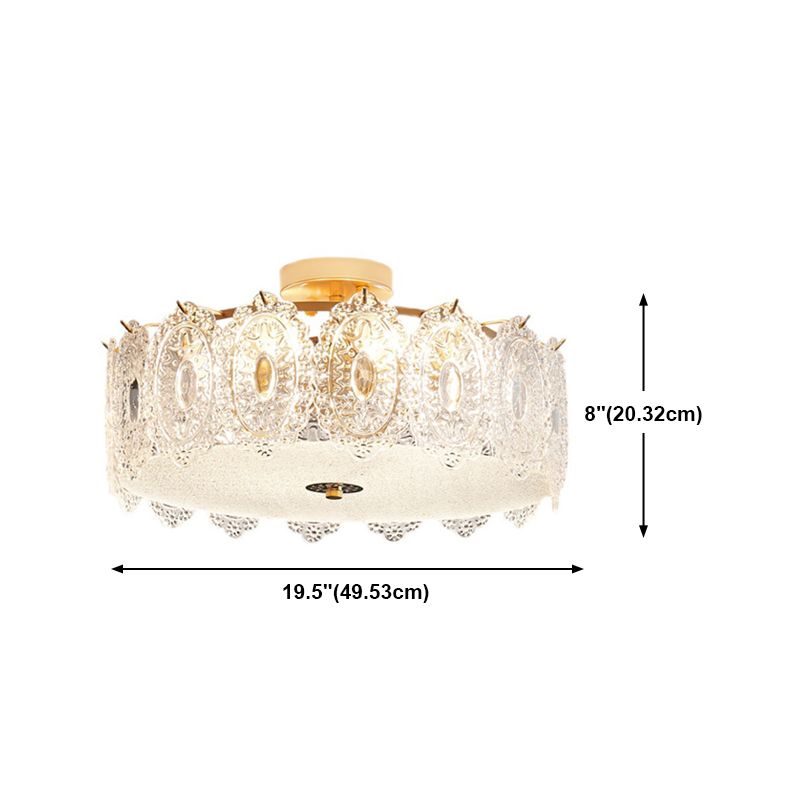Simple-Style Semi Flush Mount Light Gold Drum Ceiling Mount Lighting with Glass Shade
