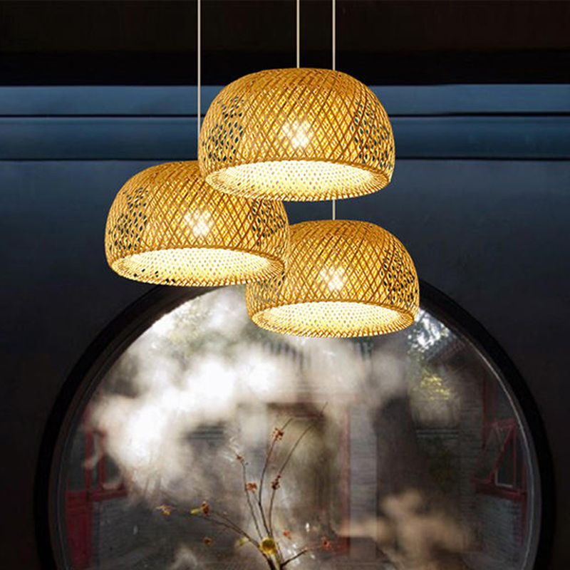 Asia Style Half-Circle Pendant Lighting Fixture Rattan Restaurant Pendant Light Kit in Beige