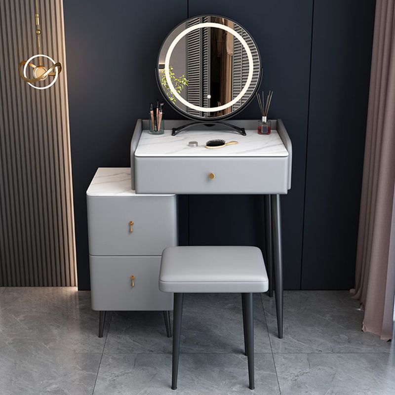 Modern 3 Drawers Vanity Desk 23.62" W Stone Top Dressing Table Stool Set