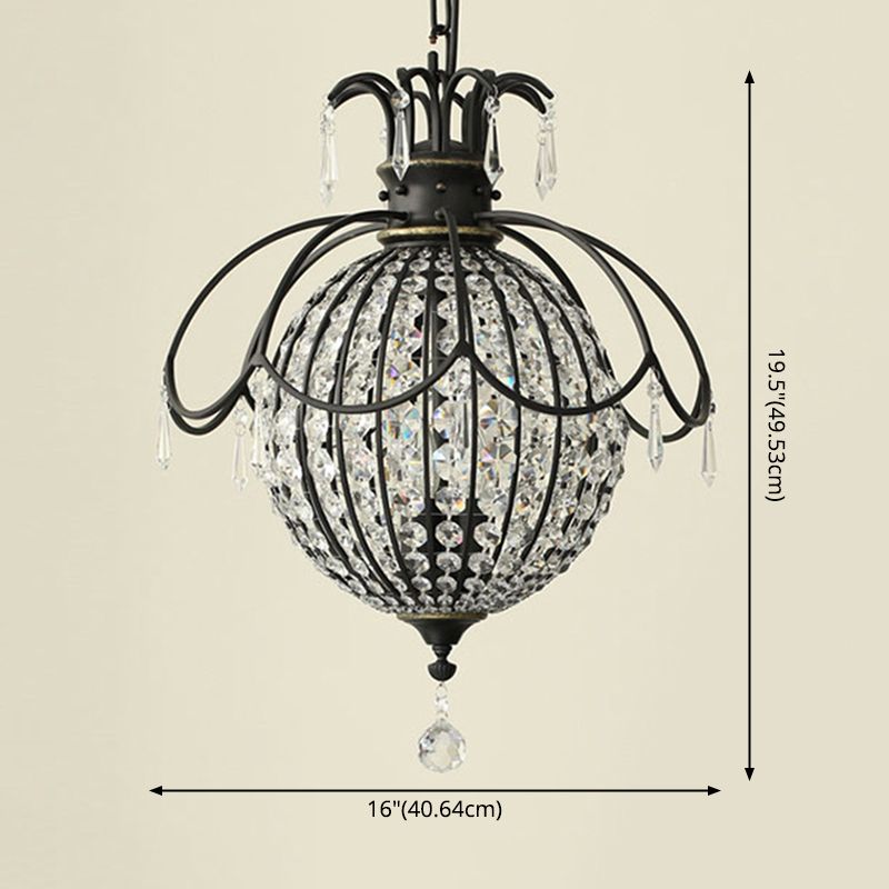 Pineapple Crystal Pendant Chandelier Vintage 3-Light Black Hanging Lamp for Dining Room