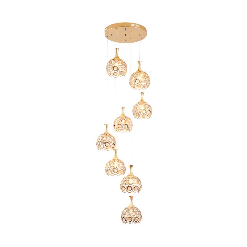 Dome Stair Cluster Pendant Lamp Minimalist Crystal 8 Lights Gold Suspension Light Fixture
