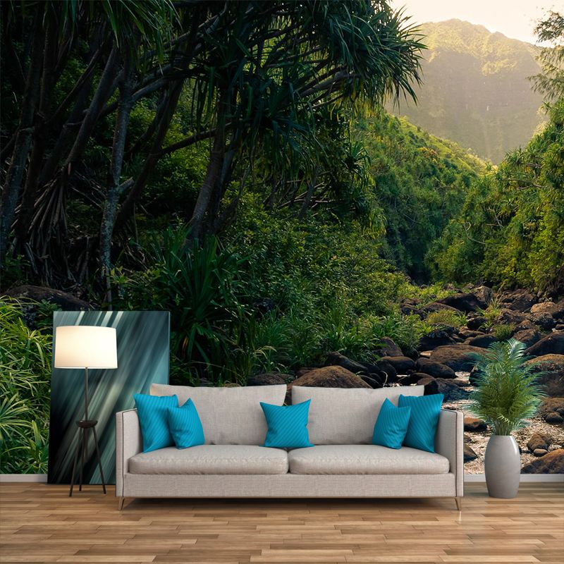 Tropix Forest Pebble Stream Mural for Bedroom Custom Size Wall Covering in Green