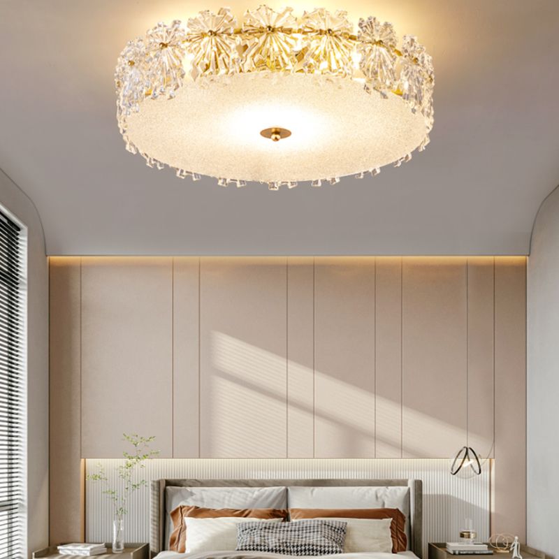 Gold Metal Flush Mount Light Fixtures Traditional Drum Semi Flush Ceiling Lamps with Glass Shade