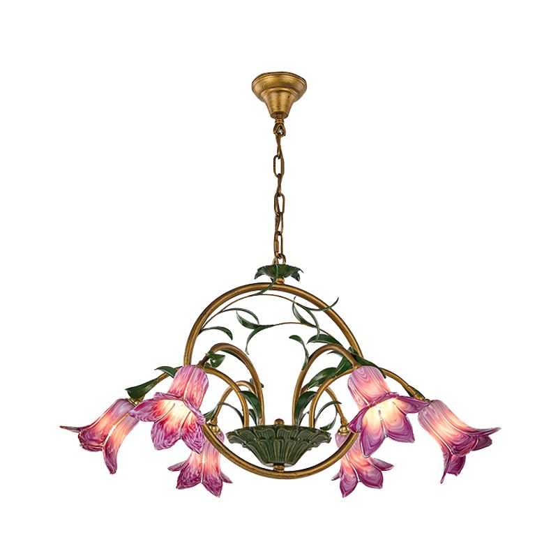 Floral Dining Room Ceiling Chandelier Traditional White/Yellow/Purple Glass 6 Heads Hanging Light Fixture