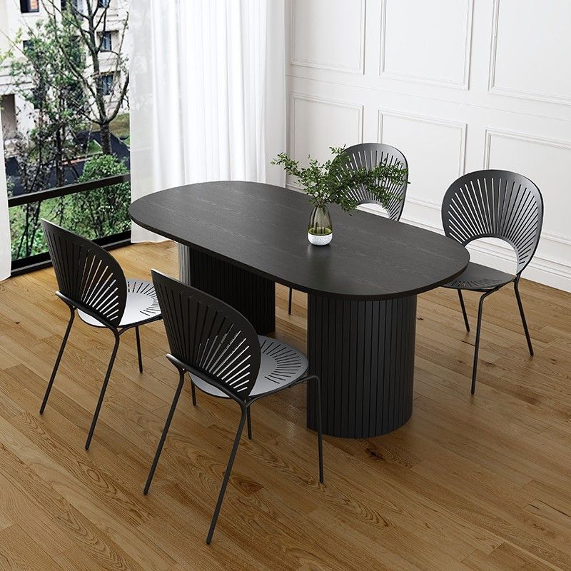 Metal Contemporary Oval Dining Table Sintered Stone Top Table with Double Pedestal Base