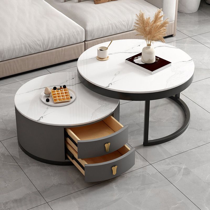 Modern Round Glass Cocktail Table Set Iron Frame Coffee Table with Drawers