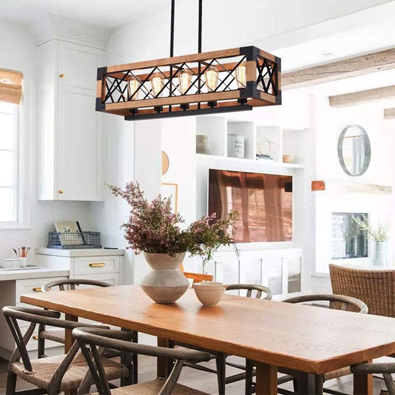 Iron Frame Black Island Light in Industrial Retro Style Wooden 5-Light Pendant Light for Dining Room