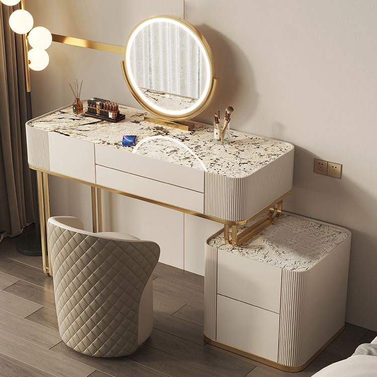Minimalism Glass Vanity Table with Mirror & Stool 5 Drawers Beige Dressing Table