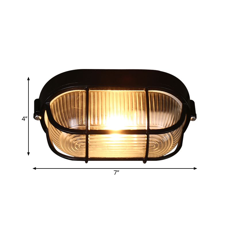 1 Glühbirne Halbkapsel Mini Flush Light Farmhouse Deckenleuchte aus schwarzem geripptem Glas mit Drahtkäfig