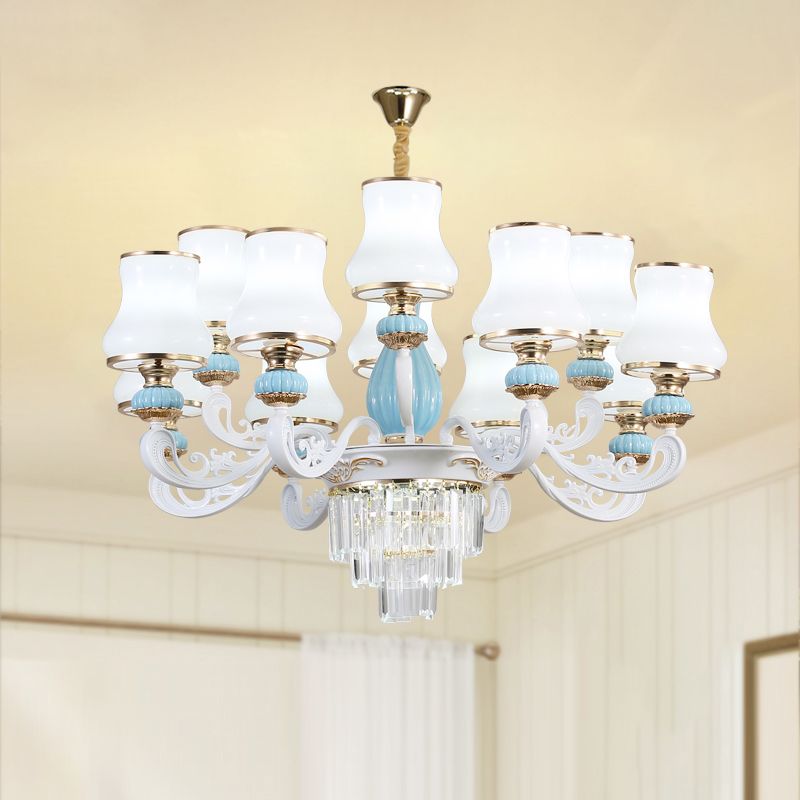Bud Shade Bedroom Chandelier Lighting Classic Cream Glass Blue Pendant Light with Tiered Crystal Accent