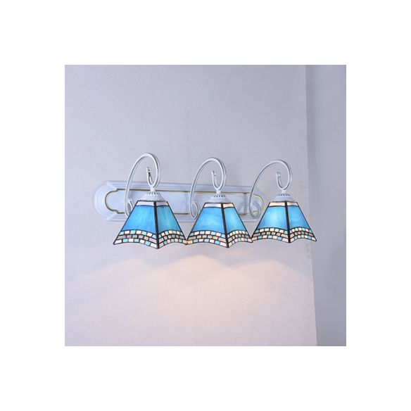 Blue Glass Pyramid Wall Light Fixture Tiffany 3 Heads White Sconce Light with Scrolling Arm
