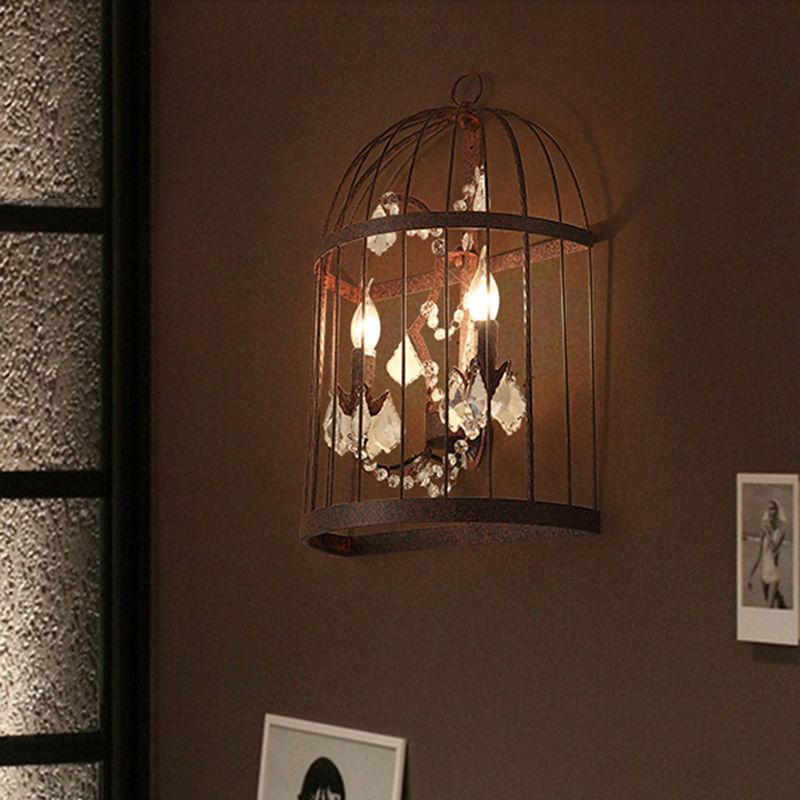 Birdcage Living Room Wall Sconce Industrial Clear Crystal Glass 2 Heads Rust Wall Lighting Fixture