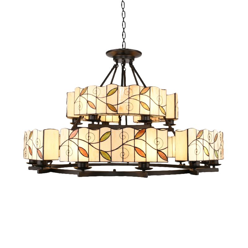 2 Tiers Leaf Suspension Light with Metal Chain Stained Glass Traditional Chandelier in Black Finish