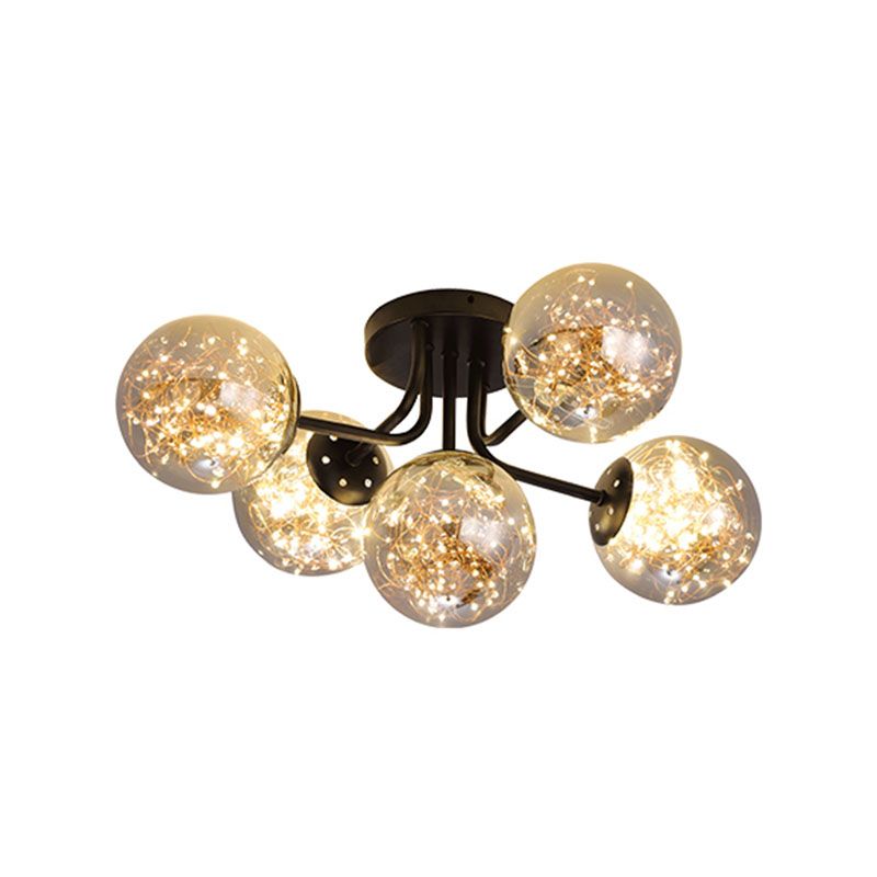 Sputnik Metall Deckenlampe Moderne sternenklinische LED Black Semi Flush mit globalem Glasschatten